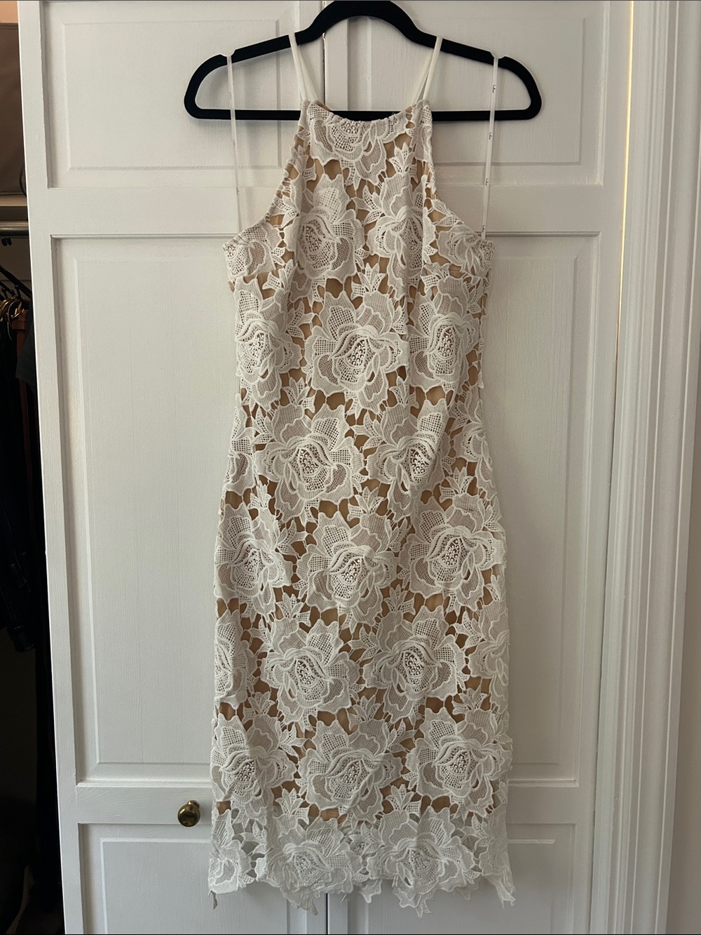 Lulu's Ivory Lace Halter Midi Dress with Nude Lining